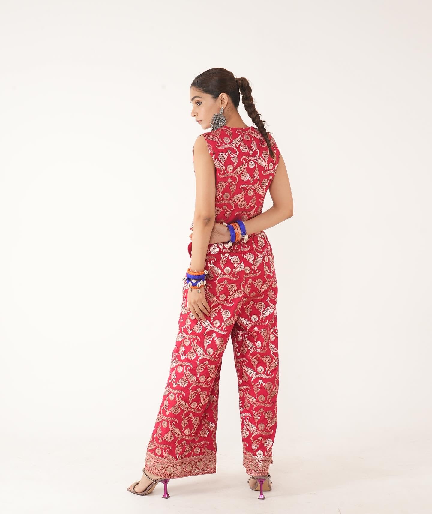 Amyra Red Silk Waist Coat And Pant Set RTS